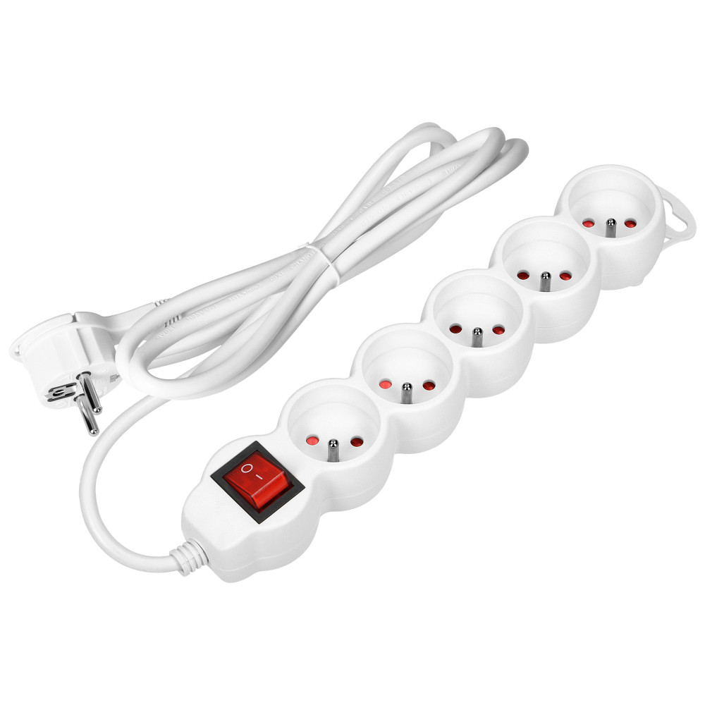 Przedłużacz 5-krotny 2P+Z, z wyłącznikiem, 3m H05VV-F 3x1,5mm2, Imax-16A, płaska wtyczka, biały Przedłużacz 5-krotny 2P+Z, z wyłącznikiem, 3m H05VV-F 3x1,5mm2, Imax-16A, płaska wtyczka, biały