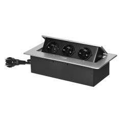Möbeluttag infällt i bordsskivan med en platt fräst kant och en 1,5 m lång kabel, 3x2P+Z (Schuko), silver