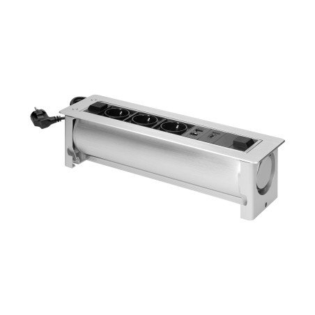 Möbeluttag infällt i bordsskiva med platt fräst kant och elektrisk öppning, 3x2P+Z (Schuko), 2xNET, 1xHDMI.