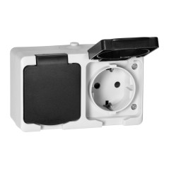 Dubbel uttag 2X2P+Z Schuko AQUATIC MINI IP 54 vit-svart | HandlaSmidigt.se