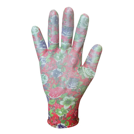 Trädgårdshandskar täckta med PU, ros mönster, storlek 7.