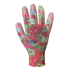 Trädgårdshandskar täckta med PU, ros mönster, storlek 9.