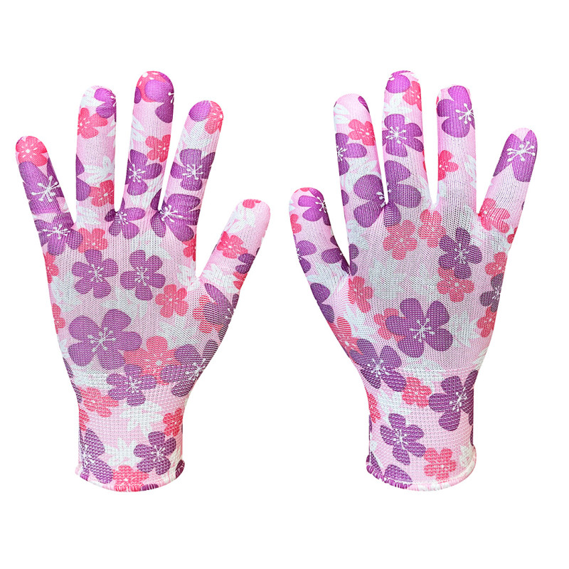 Trädgårdshandskar, polyester, blommönster, storlek 8.