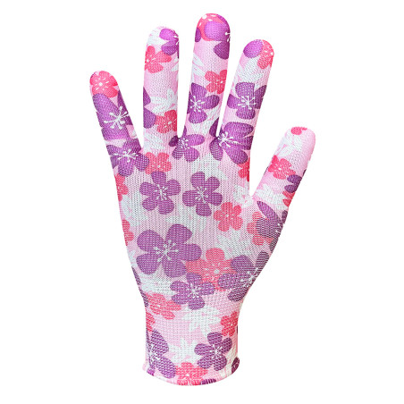 Trädgårdshandskar, polyester, blommönster, storlek 9.