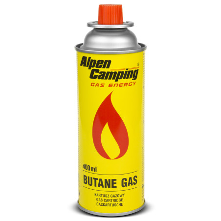 Gaspatron 400 ml Alpen Camping. certifikat: Pi 0875, EN417-kompatibel, isobutan, arbetsområde -10°C till +40°C, IK004.