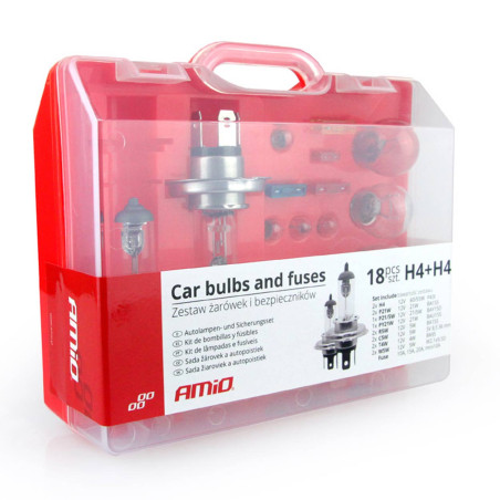 Paket med glödlampor och säkringar behållare 18 st 2xh4 amio-01497