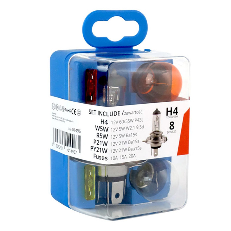 Paket med lampor och säkringar, behållare 8 st h4 amio-01496