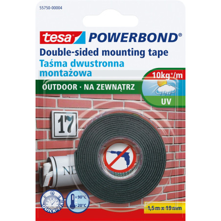 Tejp för montering, dubbelhäftande skum, för utomhusbruk, 5m lång, 19mm bred (upp till 1kg per 10cm) pro