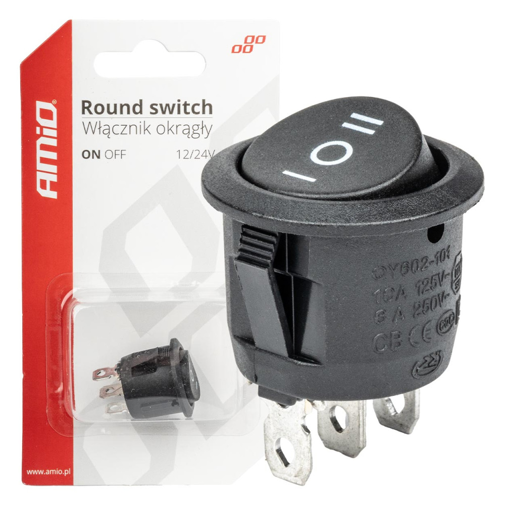 Strömbrytare omkopplare svart rund 12v 230v bu03 amio-03614 Strömbrytare omkopplare svart rund 12v 230v bu03 amio-03614