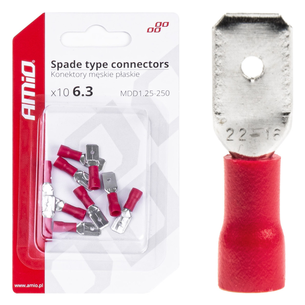 Isolerade platta manliga kontakter 6,3 mm 0,5-1,5 mm2 10A 10 st. amio-03066