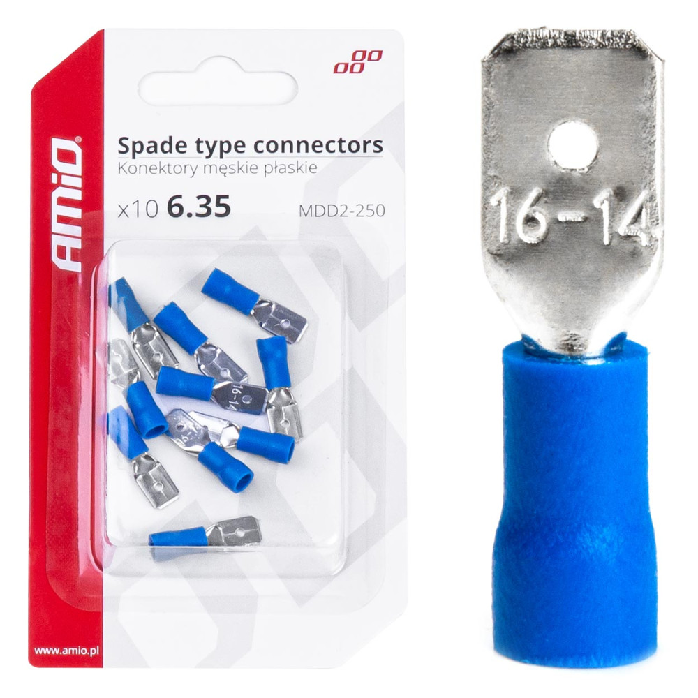 Isolerade platta manliga kontakter 6,35 mm 1,5-2,5 mm2 15A 10 st. amio-03070