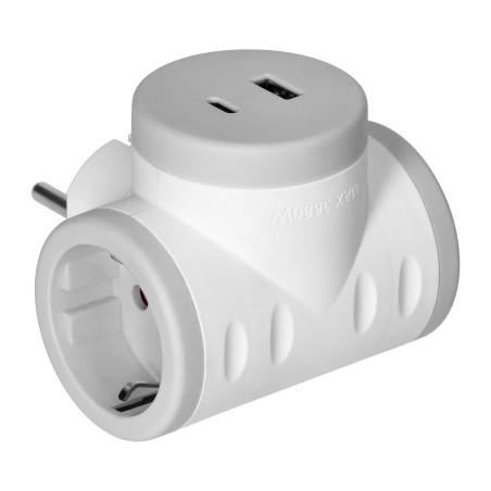 Grenuttag 2P+Z (Schuko) med 2xUSB-laddare, snabbladdning, vit-grå