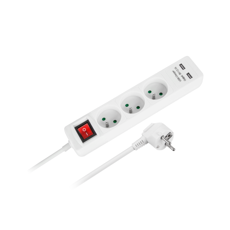 Förlängningssladd Rebel 3 uttag + 2 USB-uttag med strömbrytare - 1,5m