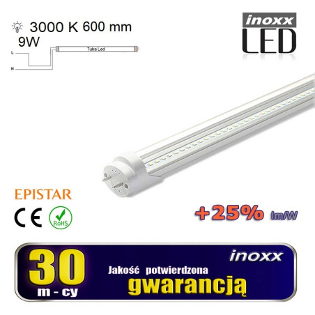 LED-rör 60 cm 9W T8 3000K G13 varmvit genomskinlig enkelriktad