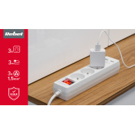 Nätadapter Rebel 3 uttag + 2 USB-uttag, med strömbrytare - 3m