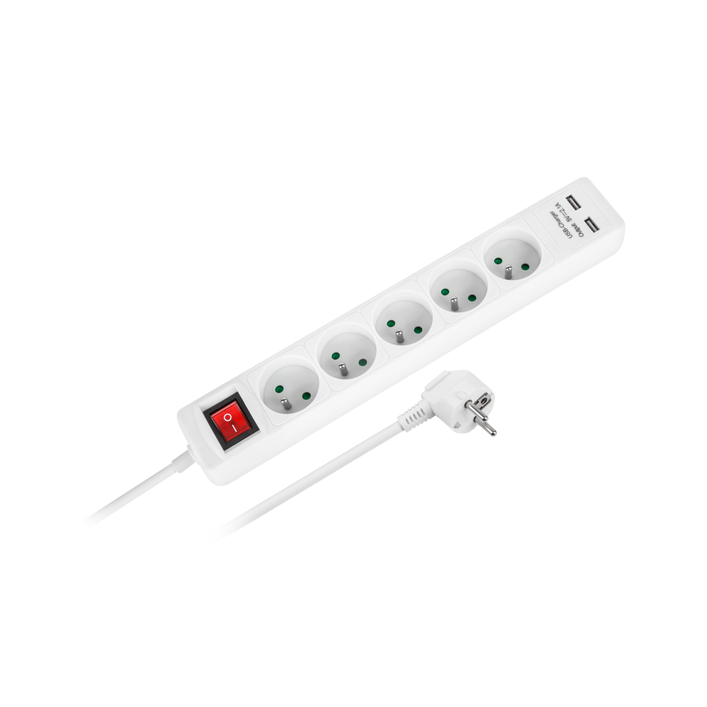 Nätadapter Rebel med 5 uttag + 2 USB-uttag med strömbrytare - 1,5m