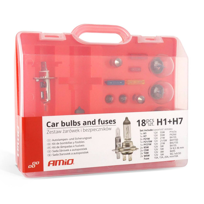 Paket med lampor och säkringar, behållare 18 st h1+h7 amio-01498