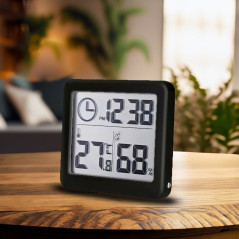 Termometer/fuktighetsmätare med klockfunktion, GreenBlue, svart, GB384B