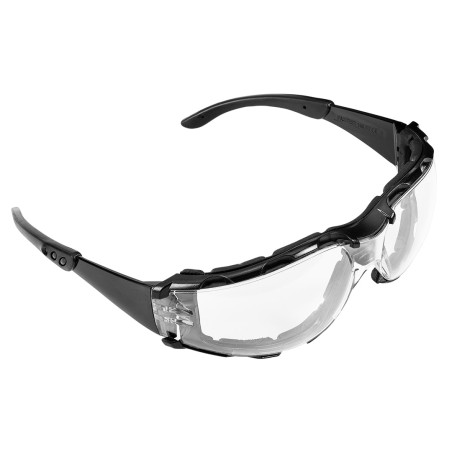 Skyddsglasögon med skumfoder, vita linser, motståndsklass FT.