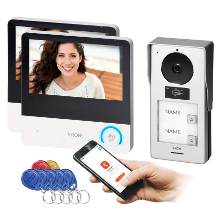 PAVONIS MULTI, tvåfamiljers videodörrtelefonset, 4-ledare, 7', Wi-Fi, pekskärm, Full HD, RFID