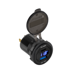 Biladdare för bil med USB+USB typ C med Quick Charge, Power Delivery och spänningsmätare 63W.