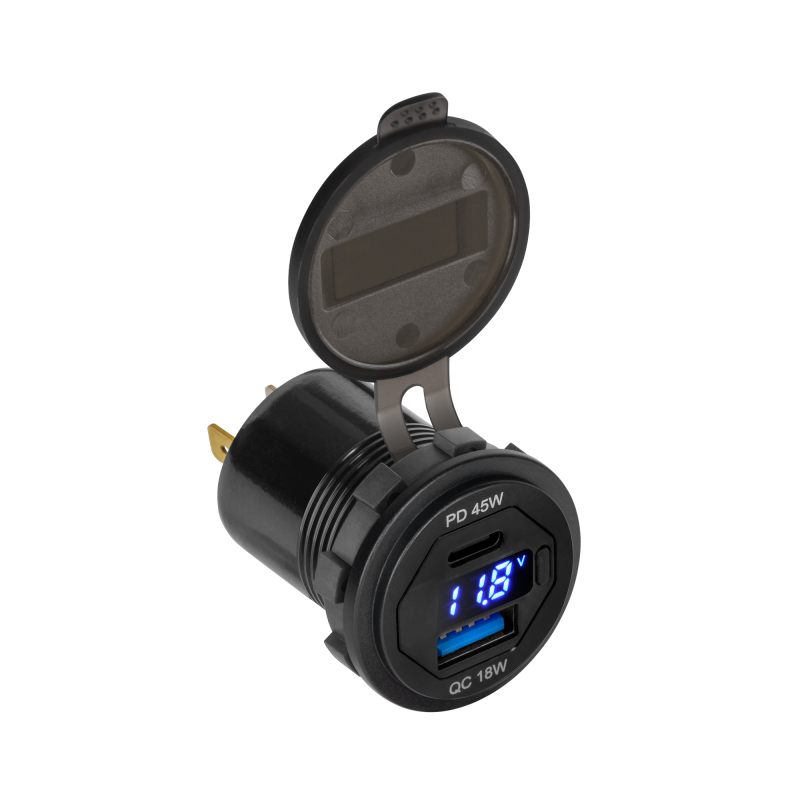 Biladdare för bil med USB+USB typ C med Quick Charge, Power Delivery och spänningsmätare 63W.