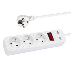 98-080- Nätdelar förlängare pr-370wsp/usb 3-uttag+usb med jordning+strömbrytare 1,5m vit 3x1,5mm