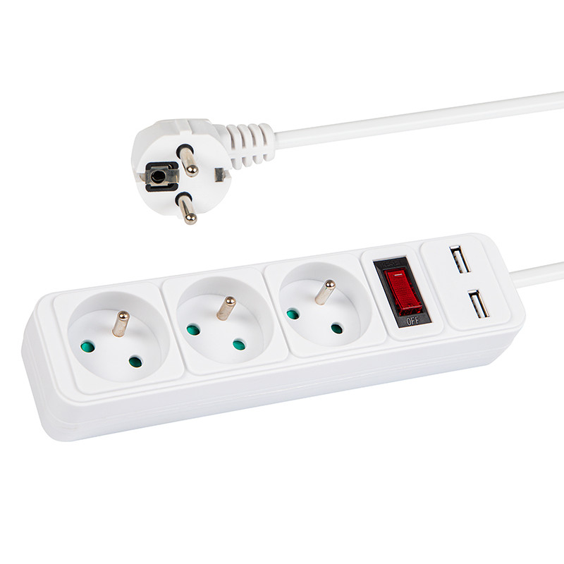 98-080- Nätdelar förlängare pr-370wsp/usb 3-uttag+usb med jordning+strömbrytare 1,5m vit 3x1,5mm