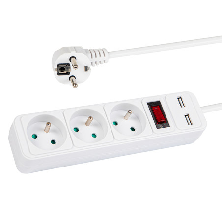 98-080- Nätdelar förlängare pr-370wsp/usb 3-uttag+usb med jordning+strömbrytare 1,5m vit 3x1,5mm