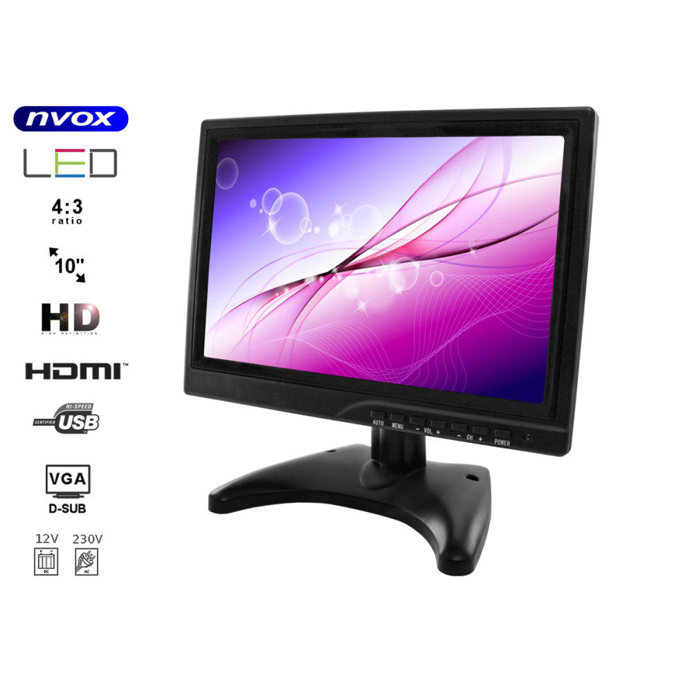 Monitor LED HD 10 tum HDMI VGA USB AV BNC 12V 230V... (NVOX PC1018 HD)