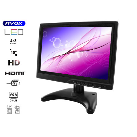 Monitor LED HD 10 tum HDMI VGA USB AV BNC 12V 230V... (NVOX PC1018 HD)