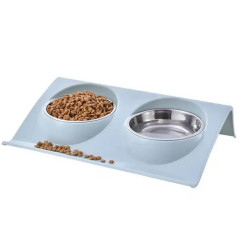 DA119 Dubbel matskål för hund katt blå