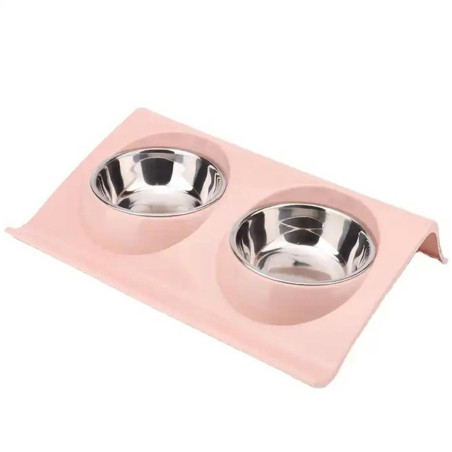 DA119A Dubbel matskål för hund katt rosa
