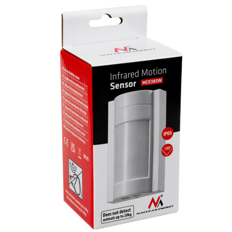 Rörelsedetektor PIR Maclean, utomhus med infraröd teknik, reagerar inte på djur, max 1200W, IP65, MCE385 W.