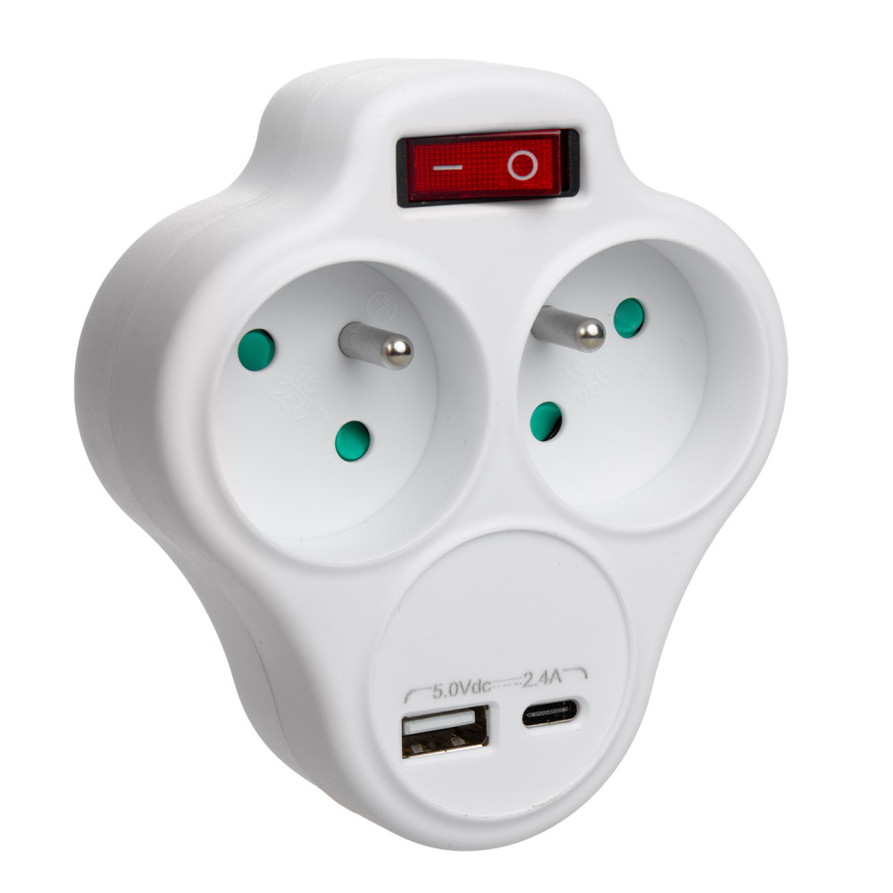 Eluttag Maclean, förgrening med 2 uttag och USB A/C 2.4A, typ E, 2x16A, MCE336 E