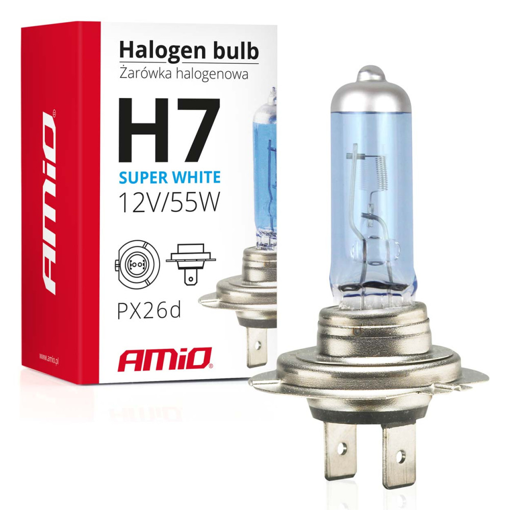Halogenlampa h7 12v 55w med UV-filter (e8) super white amio-01157 Halogenlampa h7 12v 55w med UV-filter (e8) super white amio-01157