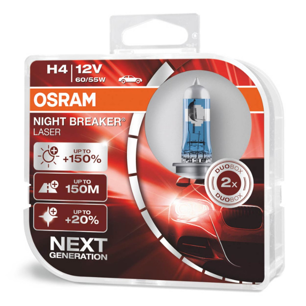 Halogenlampor Osram H4 12V 60/55W P43t Night Breaker Laser +150% /2 st./