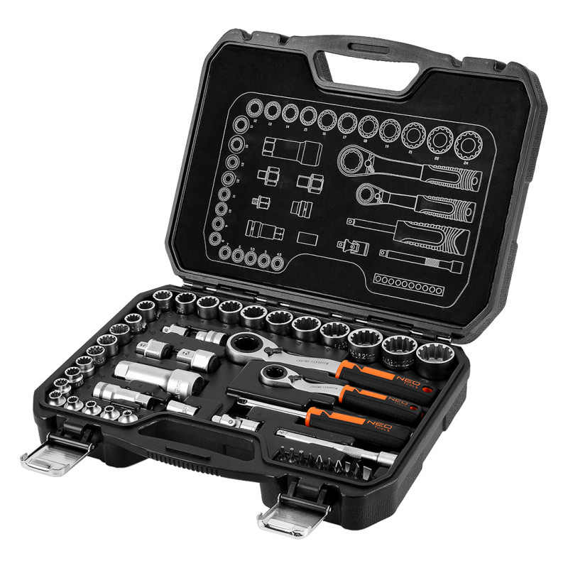 Set med genomgående hylsor 1/4' + 3/8', 46 st.