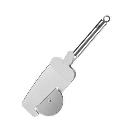 Pizza kniv med skärande skiva, skärande tänder på kanterna och en spade med klämma.