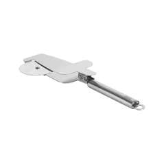 Pizza kniv med skärande skiva, skärande tänder på kanterna och en spade med klämma.