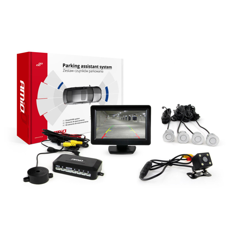 Parksensorset TFT01 4,3' med kamera HD-315-LED 4 silverfärgade sensorer