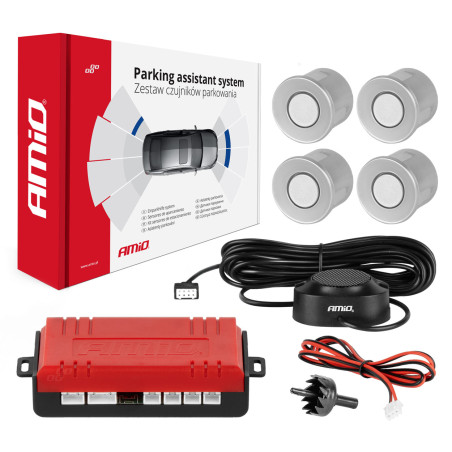 Parkeringssensorset med backvarnare, summer, 4 sensorer, silver amio-01021.