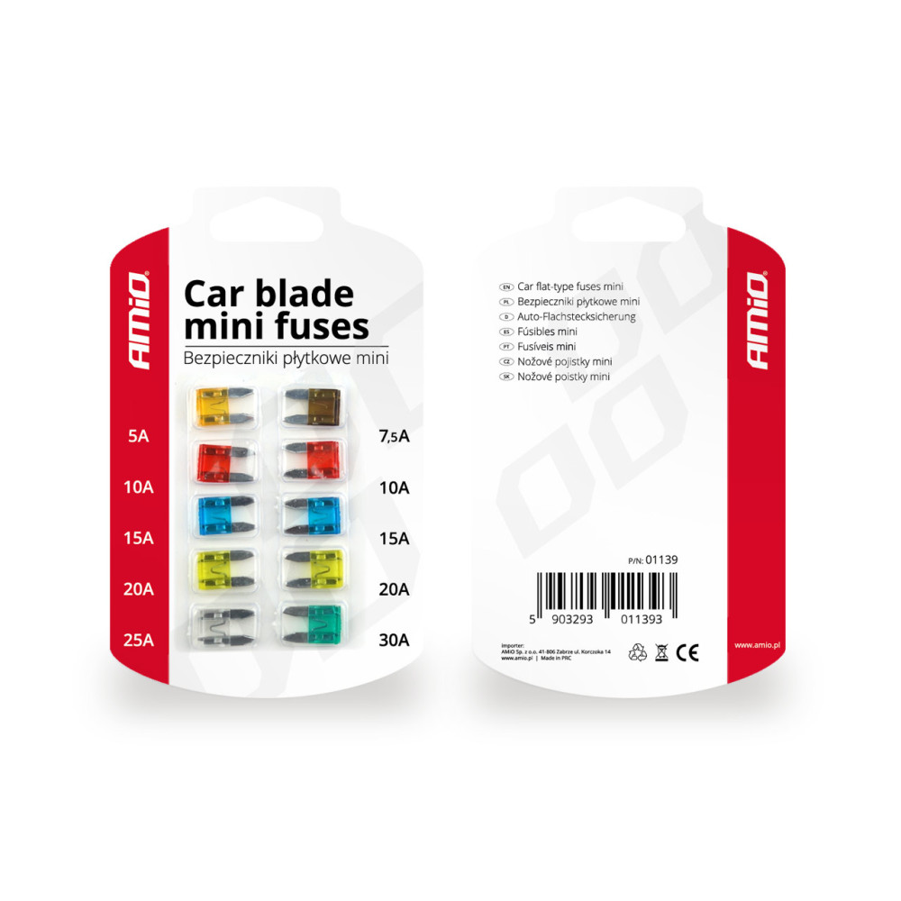 Säkringar för bilar, platt mini set med 10 stycken, amio-01139. Säkringar för bilar, platt mini set med 10 stycken, amio-01139.