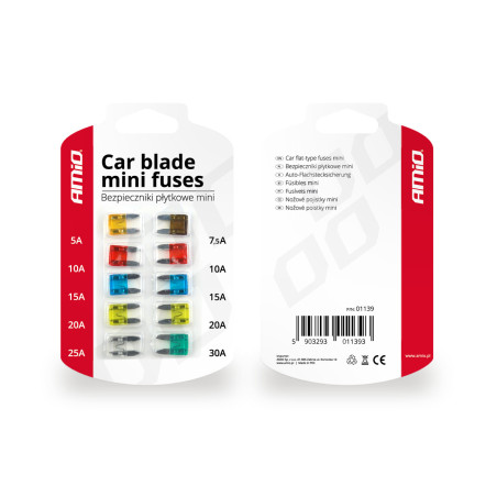 Säkringar för bilar, platt mini set med 10 stycken, amio-01139.