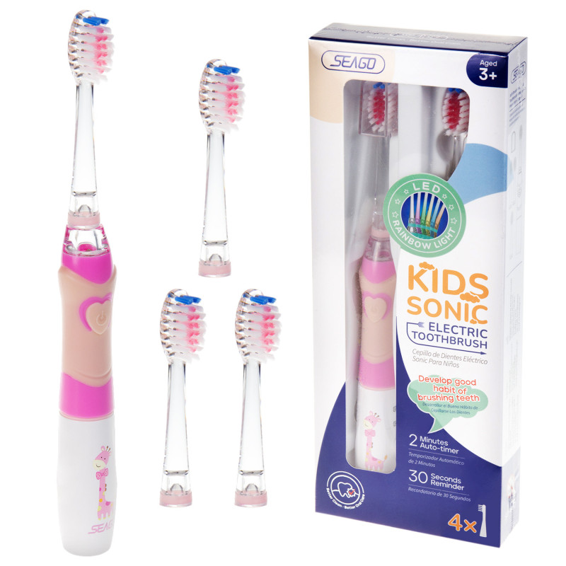 Sonic tandborste för barn SEAGO, rosa färg, 1xAAA 1,5V (batteri ingår ej), 3 borsthuvuden, SG-977 Pink