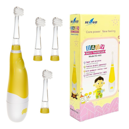Sonic tandborste för barn SEAGO, gul färg, 1xAAA 1,5V (batteri ingår ej), 4 borsthuvuden, SG-902 Yellow | HandlaSmidigt.se