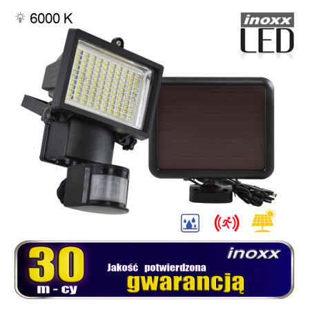 Solcellslampa med LED-strålkastare med 100 SMD-dioder med rörelse- och skymningssensor.