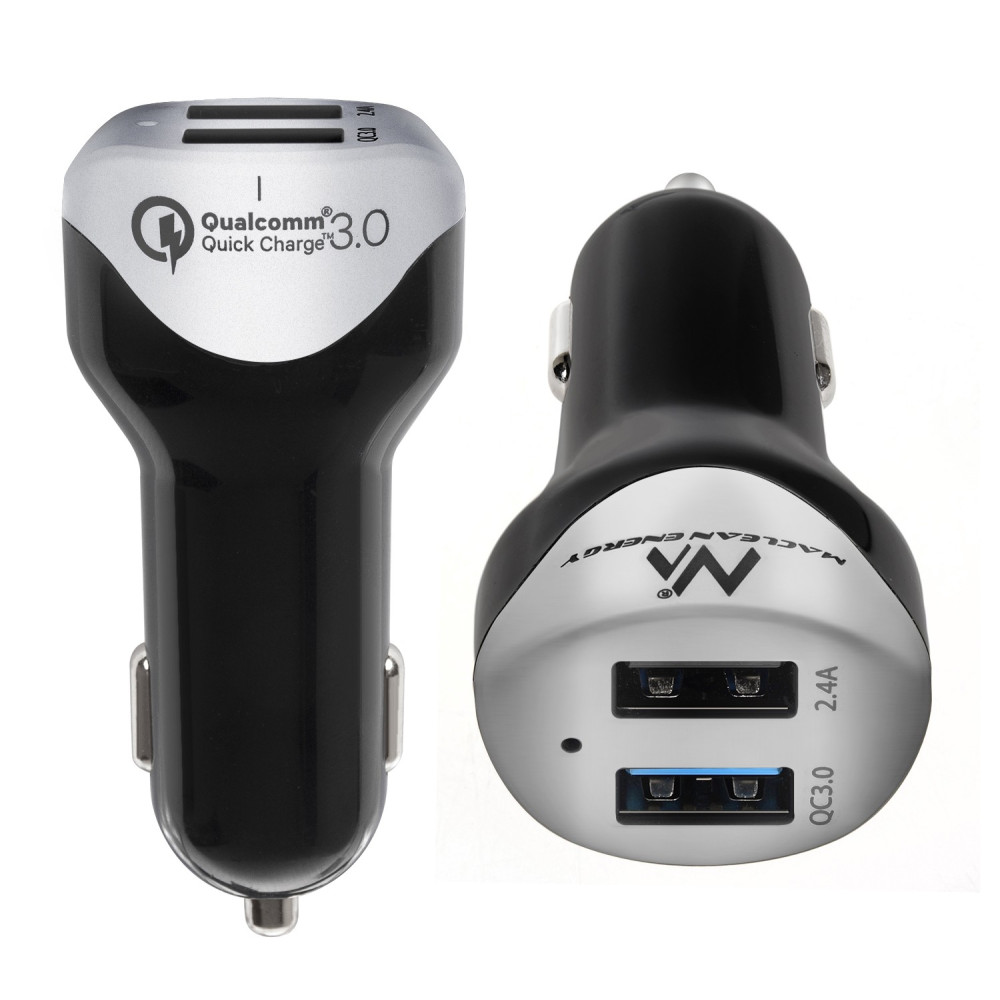 Bil laddare max 4,8A 2xUSB Maclean Energy MCE157 Qualcomm Quick Charge QC 3.0 med 1,5m kabel Silver.