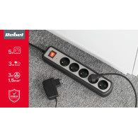 Strömförsörjningslist Rebel med 5 uttag, med strömbrytare, 3m (3x1,5mm)