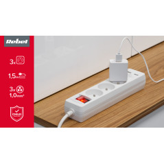 Förlängningssladd Rebel 3 uttag + 2 USB-uttag med strömbrytare - 1,5m